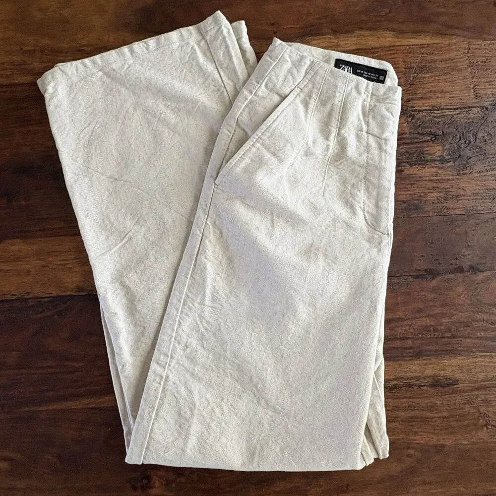 Zara Women Barrrel Leg Pants Cream Cotton Linen Blend Beach Casual Sz XS